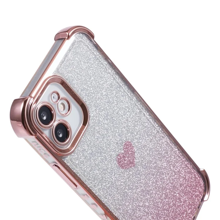 For iPhone 12 Case Heart Pattern TPU Glitter Phone Cover Four Corners Air Cushion - Pink