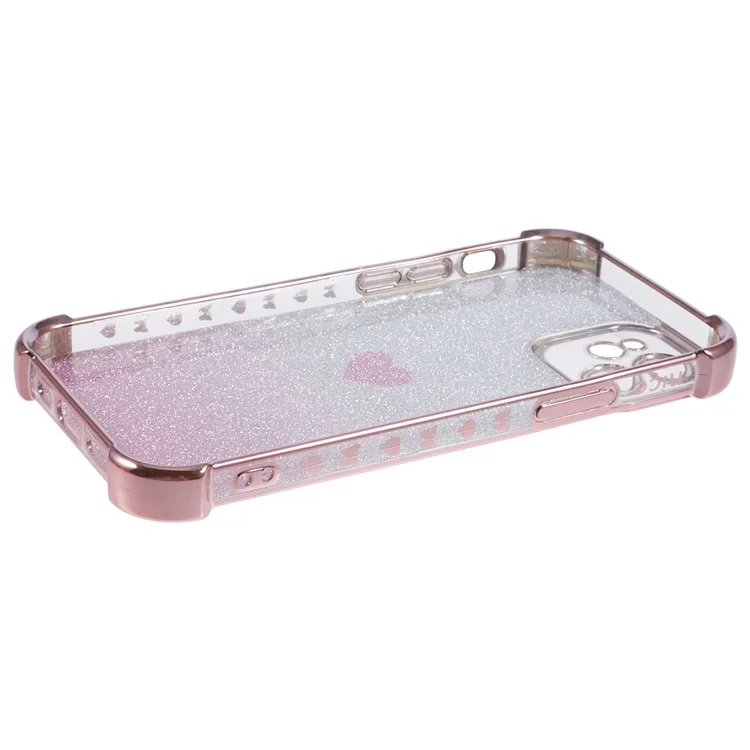 For iPhone 12 Case Heart Pattern TPU Glitter Phone Cover Four Corners Air Cushion - Pink