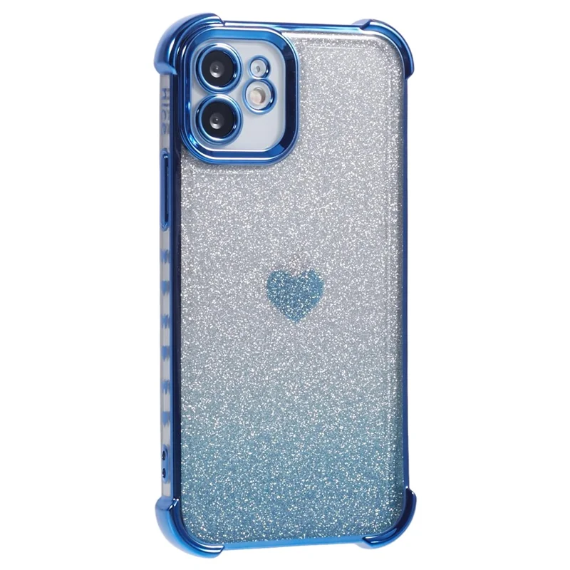 For iPhone 12 Case Heart Pattern TPU Glitter Phone Cover Four Corners Air Cushion - Blue