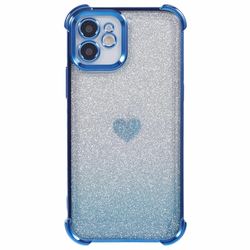 For iPhone 12 Case Heart Pattern TPU Glitter Phone Cover Four Corners Air Cushion - Blue