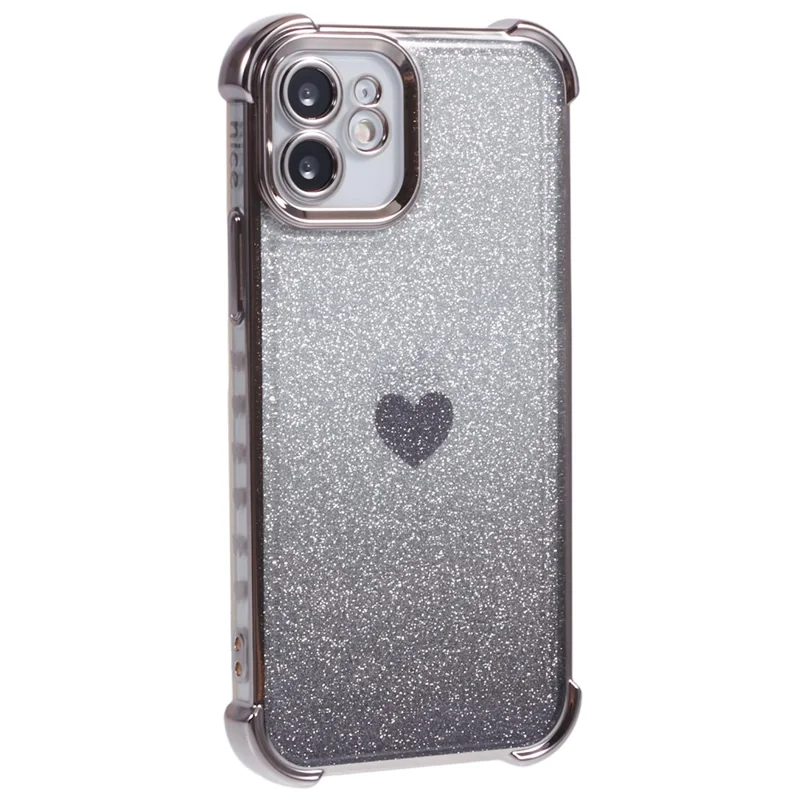 For iPhone 12 Case Heart Pattern TPU Glitter Phone Cover Four Corners Air Cushion - Grey