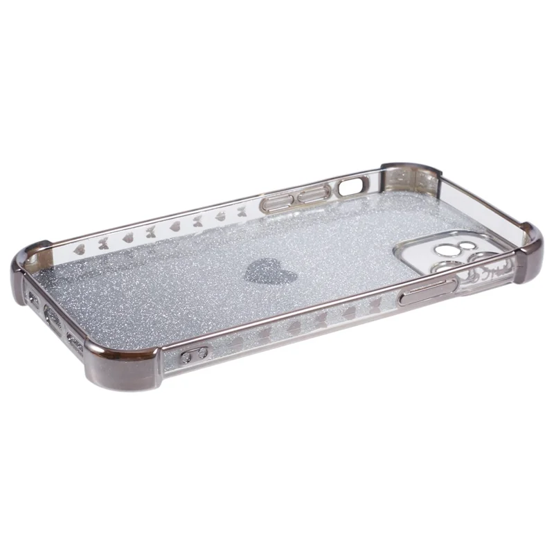 For iPhone 12 Case Heart Pattern TPU Glitter Phone Cover Four Corners Air Cushion - Grey