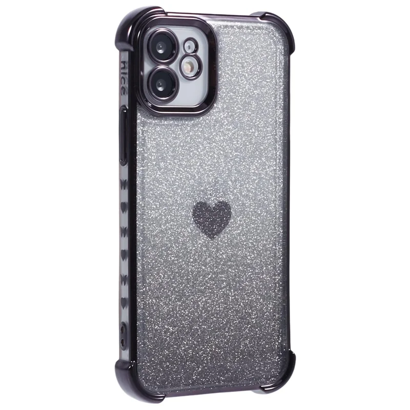 For iPhone 12 Case Heart Pattern TPU Glitter Phone Cover Four Corners Air Cushion - Black
