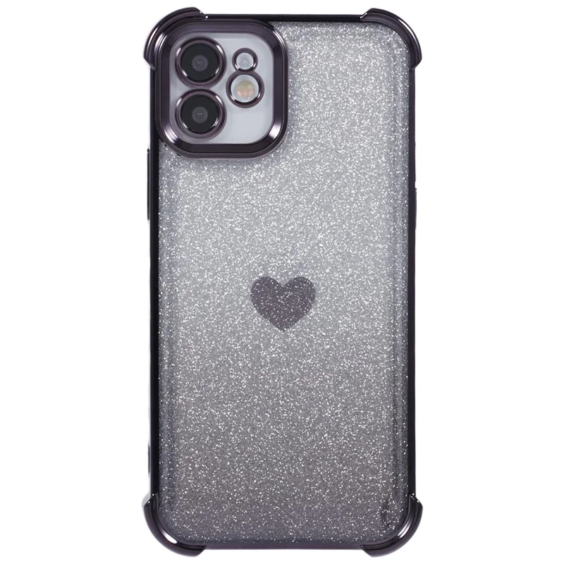 For iPhone 12 Case Heart Pattern TPU Glitter Phone Cover Four Corners Air Cushion - Black