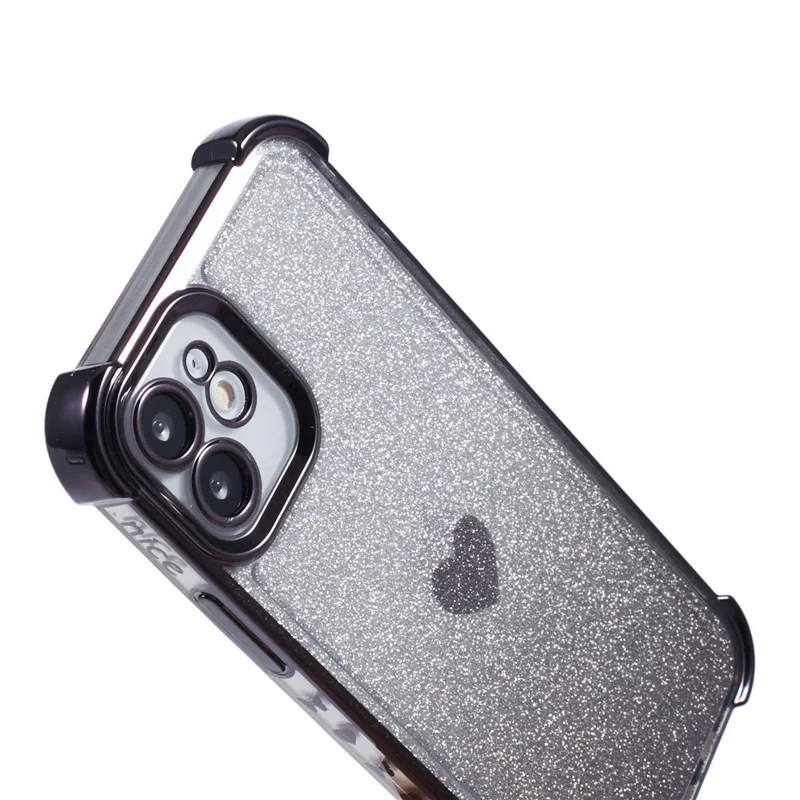 For iPhone 12 Case Heart Pattern TPU Glitter Phone Cover Four Corners Air Cushion - Black