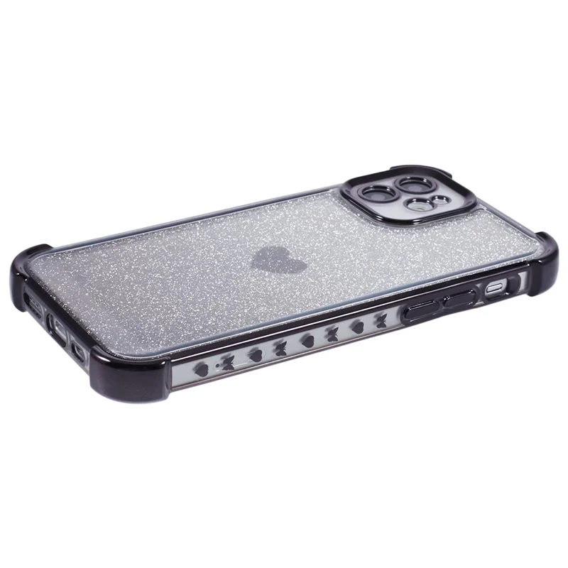 For iPhone 12 Case Heart Pattern TPU Glitter Phone Cover Four Corners Air Cushion - Black