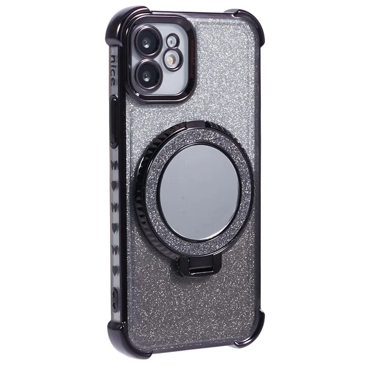 For iPhone 12 Case TPU Mirror Phone Cover Kickstand Glitter - Black