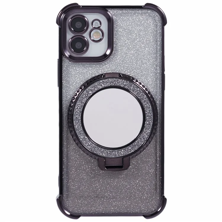 For iPhone 12 Case TPU Mirror Phone Cover Kickstand Glitter - Black