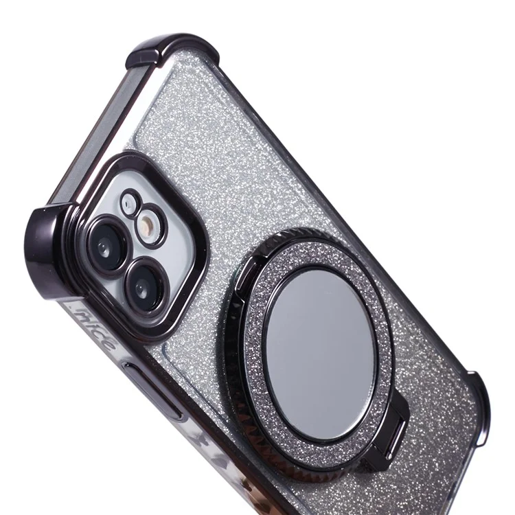 For iPhone 12 Case TPU Mirror Phone Cover Kickstand Glitter - Black