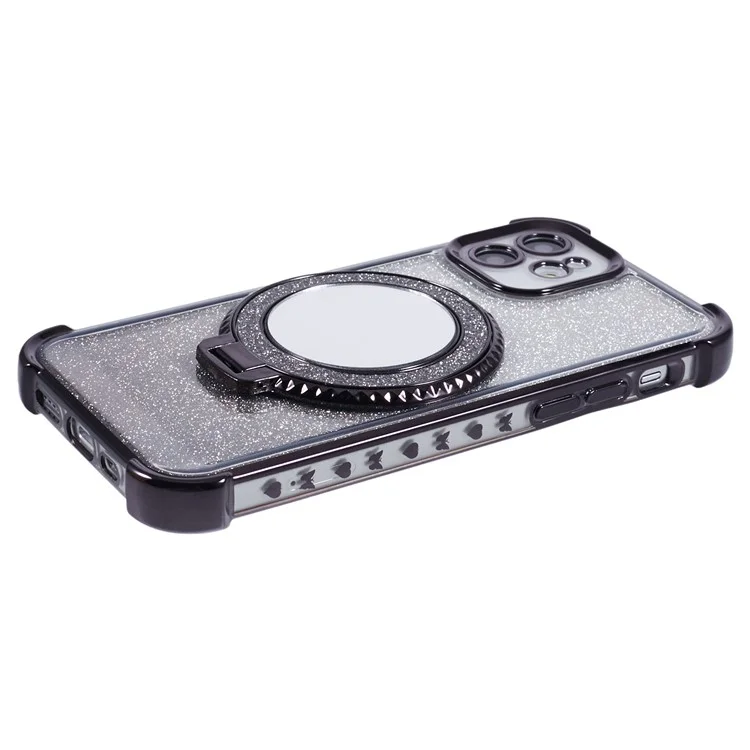 For iPhone 12 Case TPU Mirror Phone Cover Kickstand Glitter - Black
