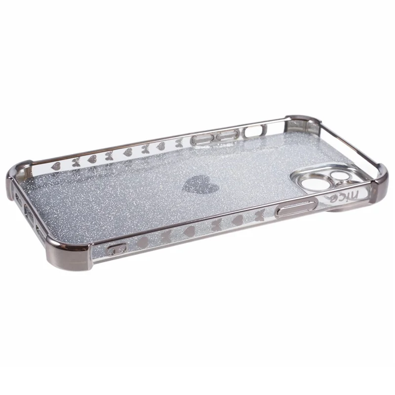 For iPhone 15 Plus Case Heart Pattern Glitter Anti-Drop TPU Phone Cover - Grey