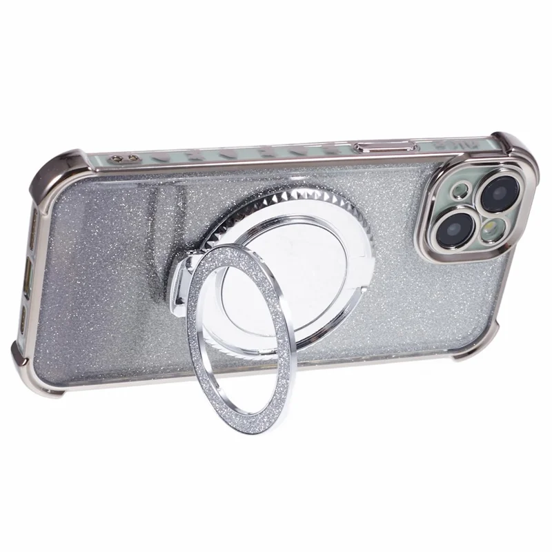 Funda con soporte para iPhone 15 Plus con purpurina TPU y espejo - Gris
