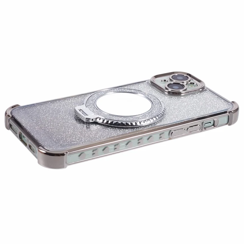 Funda con soporte para iPhone 15 Plus con purpurina TPU y espejo - Gris