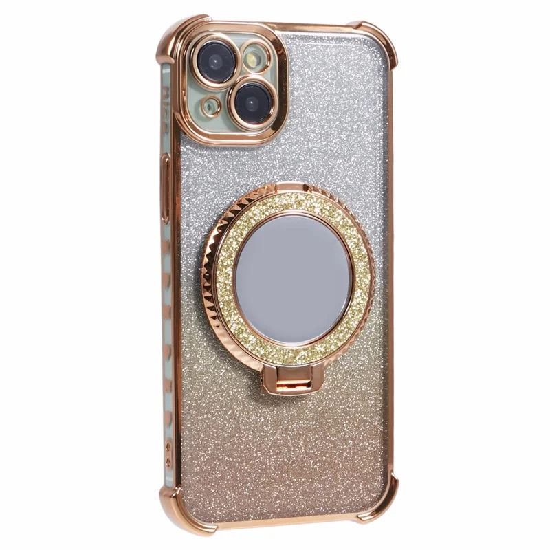 For iPhone 15 Plus Kickstand Case Glitter TPU Phone Cover with Mirror - Gold