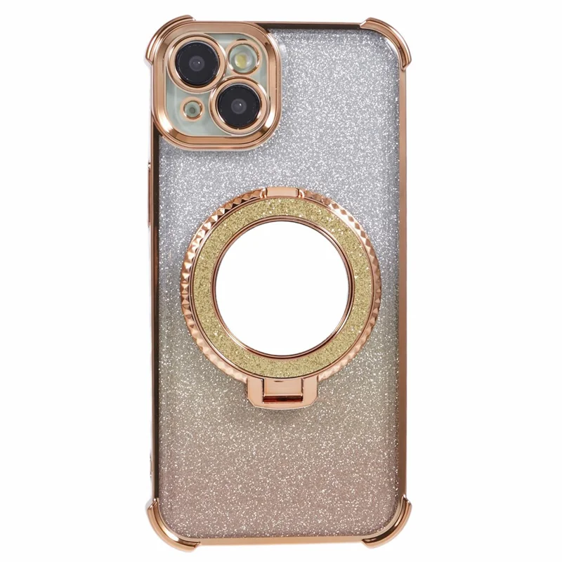 For iPhone 15 Plus Kickstand Case Glitter TPU Phone Cover with Mirror - Gold