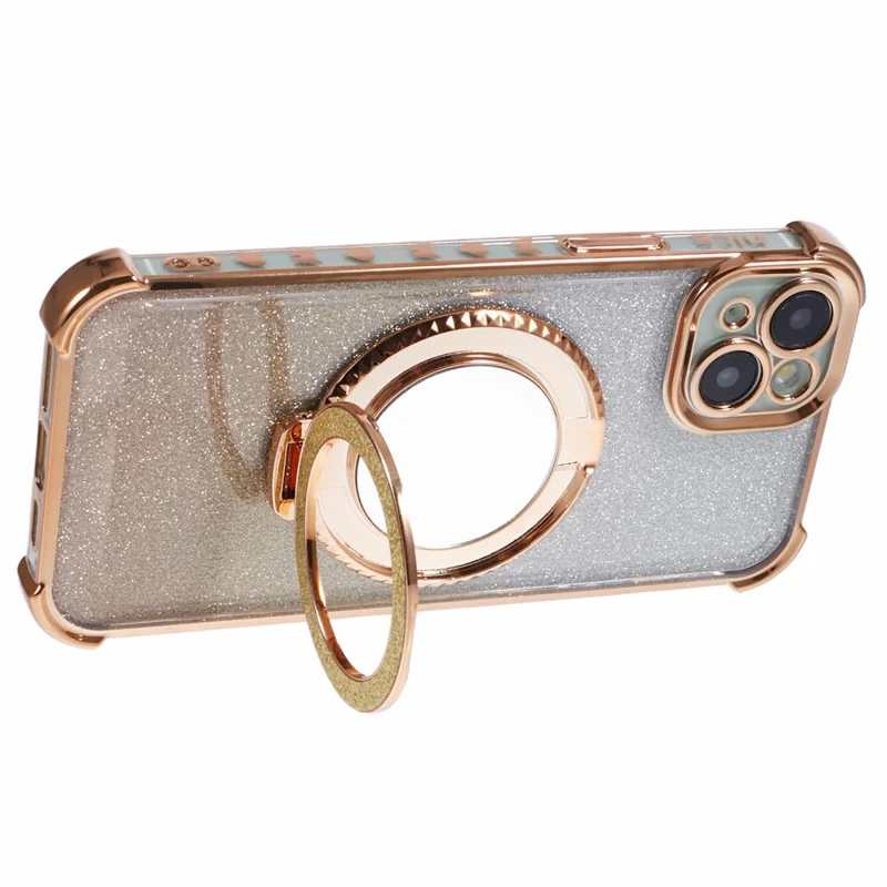 For iPhone 15 Plus Kickstand Case Glitter TPU Phone Cover with Mirror - Gold