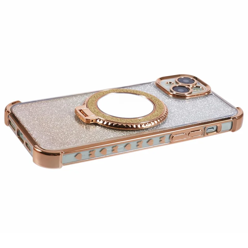 For iPhone 15 Plus Kickstand Case Glitter TPU Phone Cover with Mirror - Gold