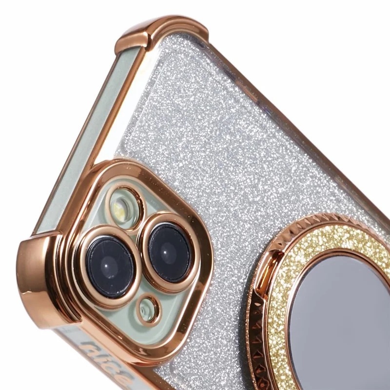 For iPhone 15 Plus Kickstand Case Glitter TPU Phone Cover with Mirror - Gold