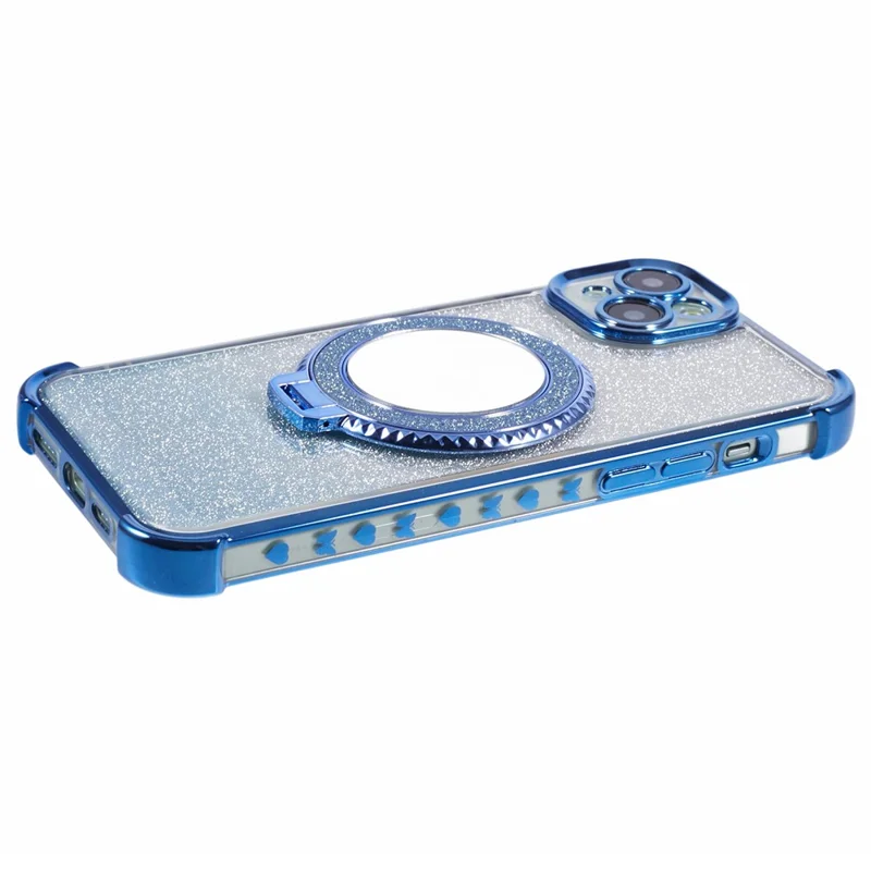 Futerał z podpórką do iPhone'a 15 Plus, błyszczący pokrowiec TPU z lustrem - niebieski