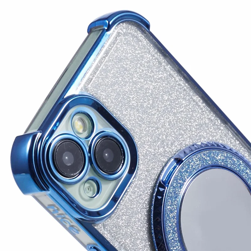 Futerał z podpórką do iPhone'a 15 Plus, błyszczący pokrowiec TPU z lustrem - niebieski