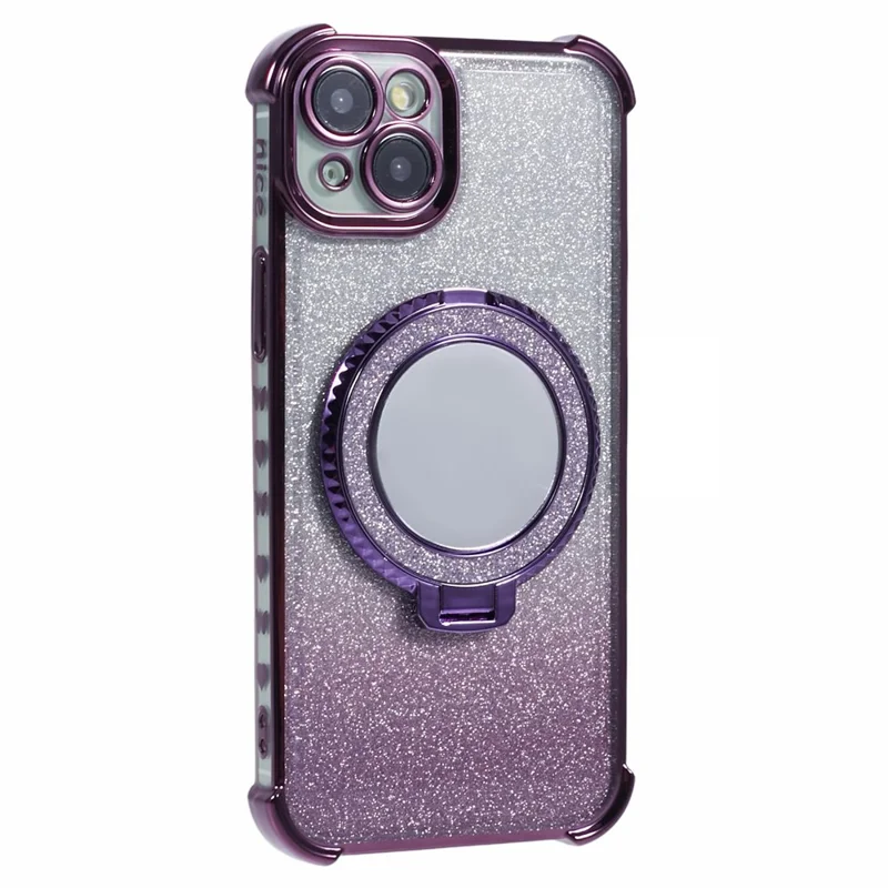 For iPhone 15 Plus Kickstand Case Glitter TPU Phone Cover with Mirror - Dark Purple