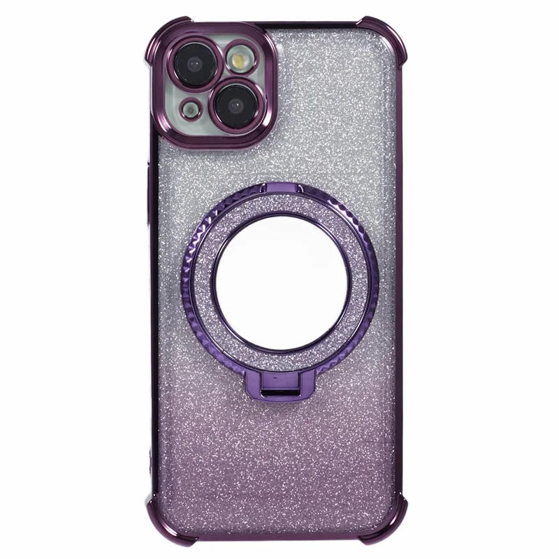For iPhone 15 Plus Kickstand Case Glitter TPU Phone Cover with Mirror - Dark Purple