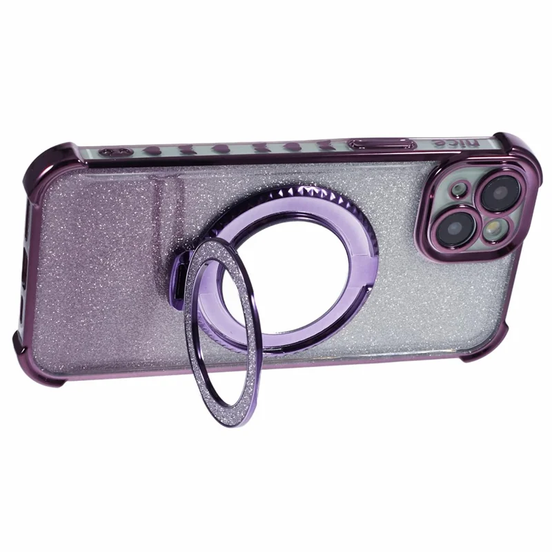 For iPhone 15 Plus Kickstand Case Glitter TPU Phone Cover with Mirror - Dark Purple