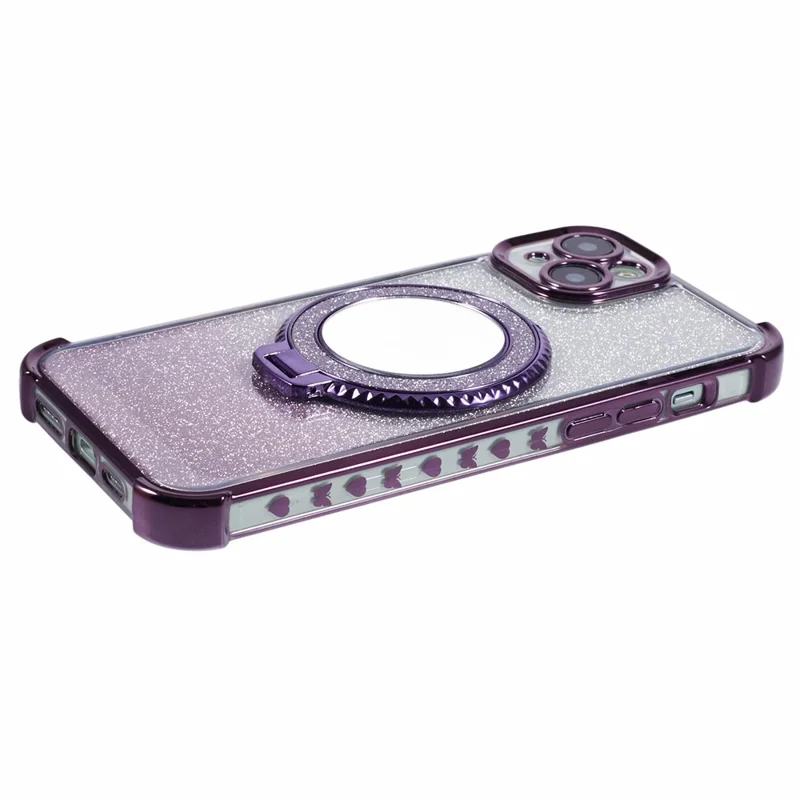 For iPhone 15 Plus Kickstand Case Glitter TPU Phone Cover with Mirror - Dark Purple
