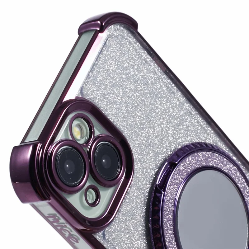 For iPhone 15 Plus Kickstand Case Glitter TPU Phone Cover with Mirror - Dark Purple