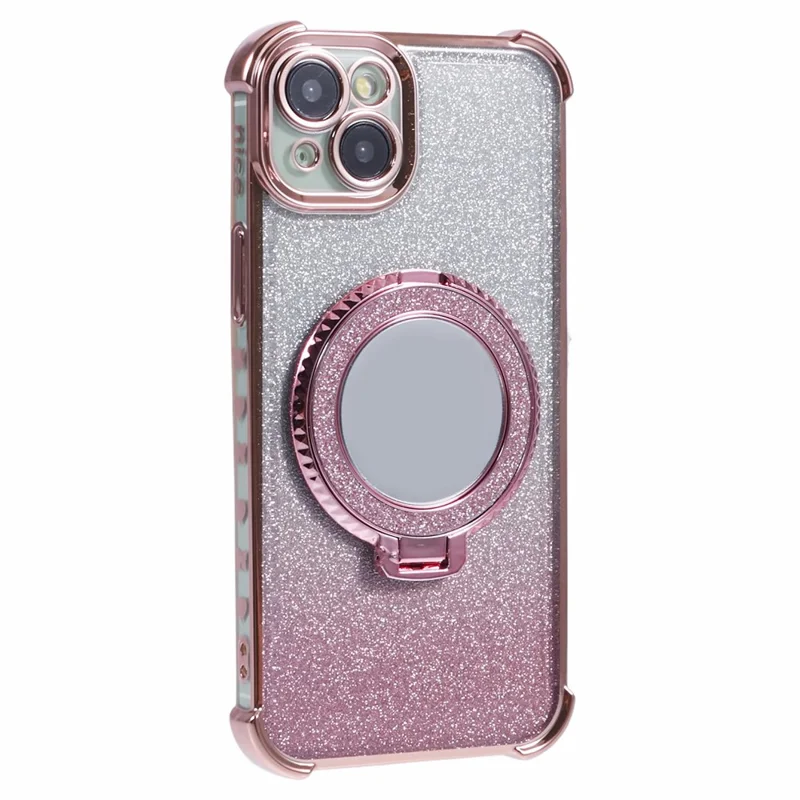 For iPhone 15 Plus Kickstand Case Glitter TPU Phone Cover with Mirror - Pink
