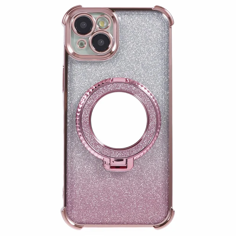 For iPhone 15 Plus Kickstand Case Glitter TPU Phone Cover with Mirror - Pink