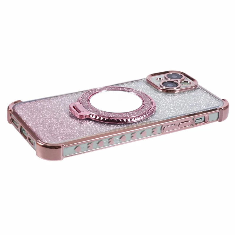 For iPhone 15 Plus Kickstand Case Glitter TPU Phone Cover with Mirror - Pink