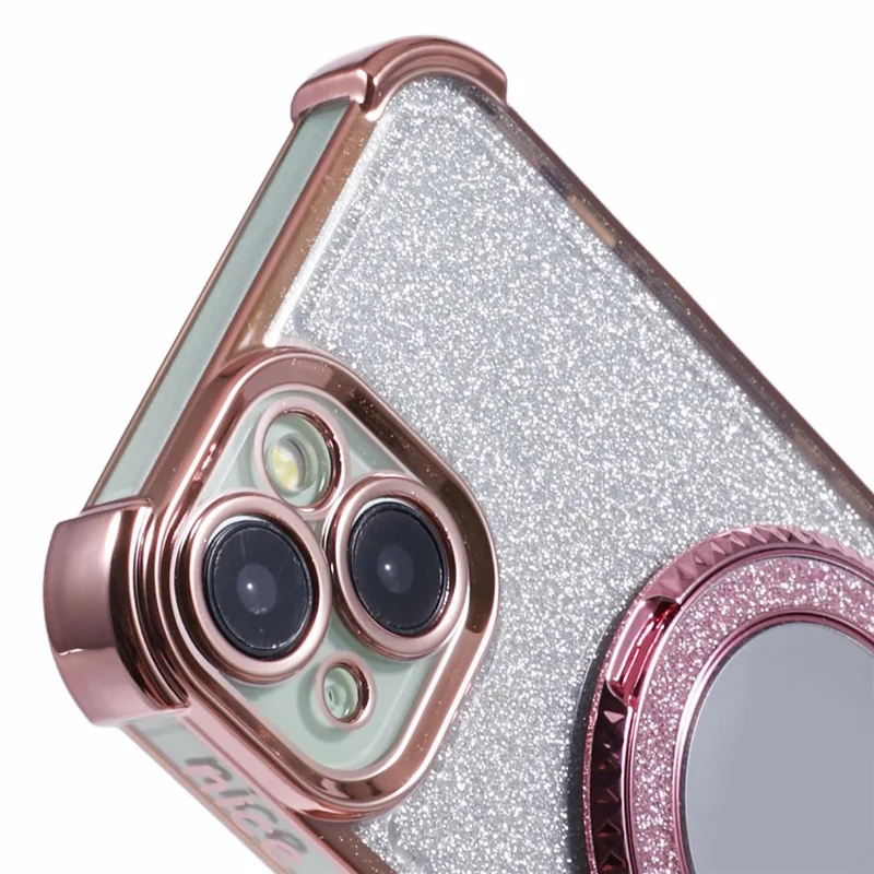 For iPhone 15 Plus Kickstand Case Glitter TPU Phone Cover with Mirror - Pink