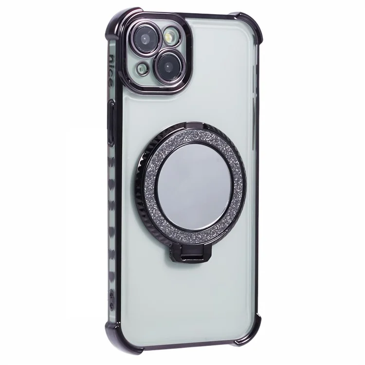 For iPhone 15 Plus Case Kickstand TPU Clear Phone Cover with Makeup Mirror - Black