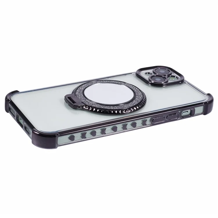 For iPhone 15 Plus Case Kickstand TPU Clear Phone Cover with Makeup Mirror - Black