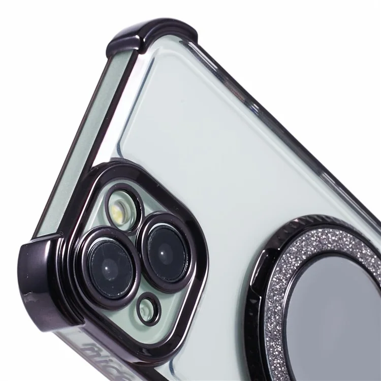 For iPhone 15 Plus Case Kickstand TPU Clear Phone Cover with Makeup Mirror - Black