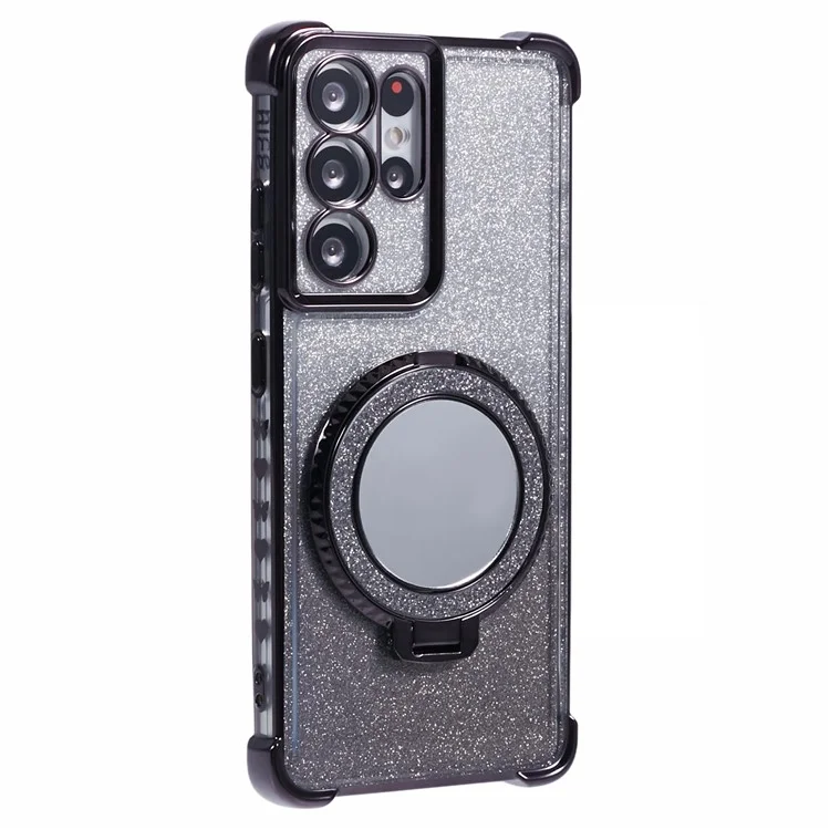 For Samsung Galaxy S21 Ultra 5G Case Glitter TPU Mirror Phone Cover Kickstand - Black