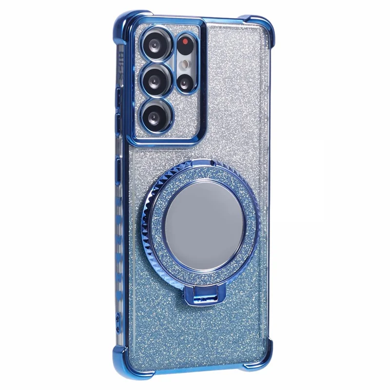 For Samsung Galaxy S21 Ultra 5G Case Glitter TPU Mirror Phone Cover Kickstand - Blue