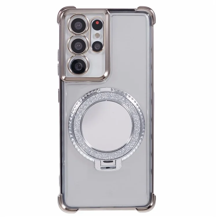 For Samsung Galaxy S21 Ultra 5G Case Makeup Mirror TPU Clear Phone Cover with Kickstand - Grey
