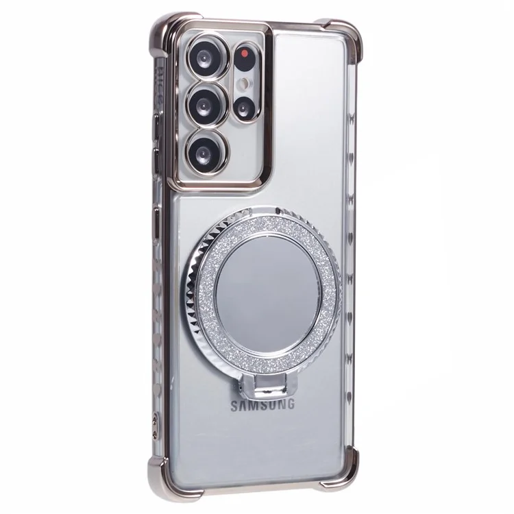 For Samsung Galaxy S21 Ultra 5G Case Makeup Mirror TPU Clear Phone Cover with Kickstand - Grey