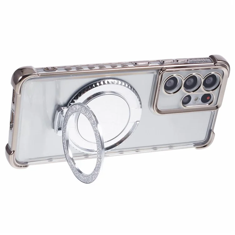 For Samsung Galaxy S21 Ultra 5G Case Makeup Mirror TPU Clear Phone Cover with Kickstand - Grey