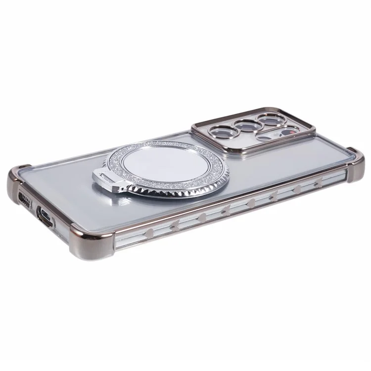 For Samsung Galaxy S21 Ultra 5G Case Makeup Mirror TPU Clear Phone Cover with Kickstand - Grey