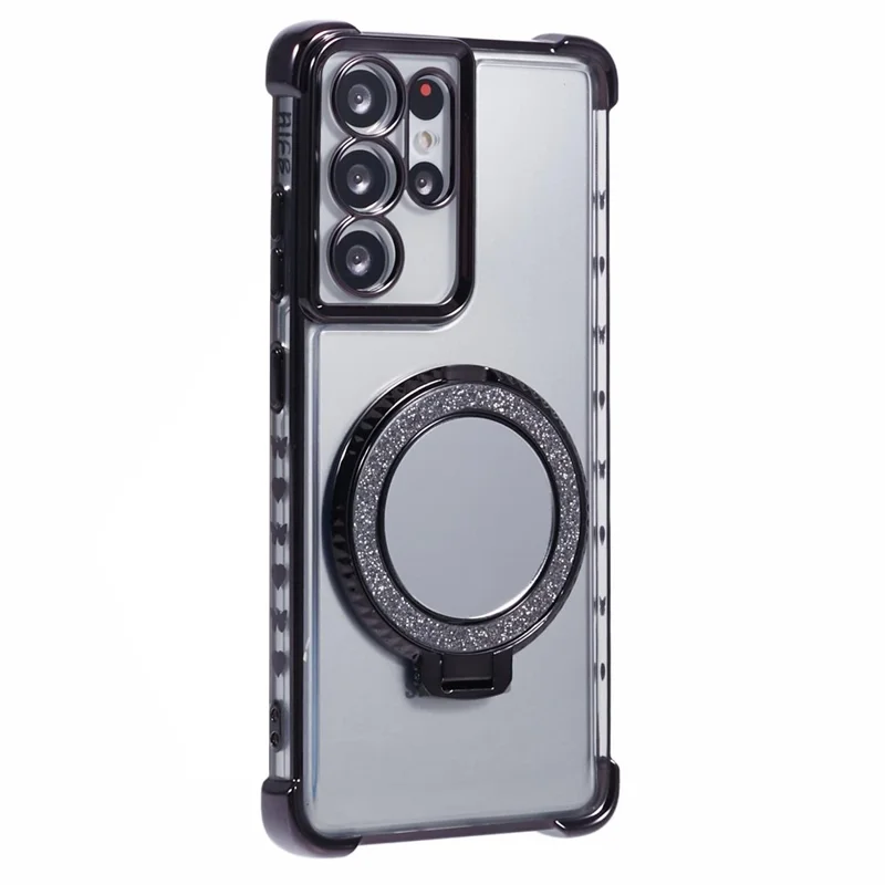 For Samsung Galaxy S21 Ultra 5G Case Makeup Mirror TPU Clear Phone Cover with Kickstand - Black