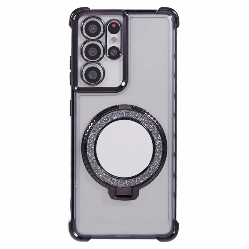For Samsung Galaxy S21 Ultra 5G Case Makeup Mirror TPU Clear Phone Cover with Kickstand - Black
