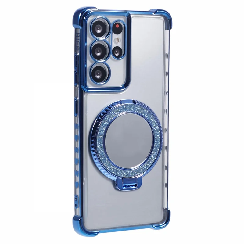 For Samsung Galaxy S21 Ultra 5G Case Makeup Mirror TPU Clear Phone Cover with Kickstand - Blue