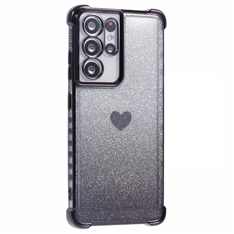 For Samsung Galaxy S21 Ultra 5G Case Heart Pattern Glitter Shockproof TPU Phone Cover - Black