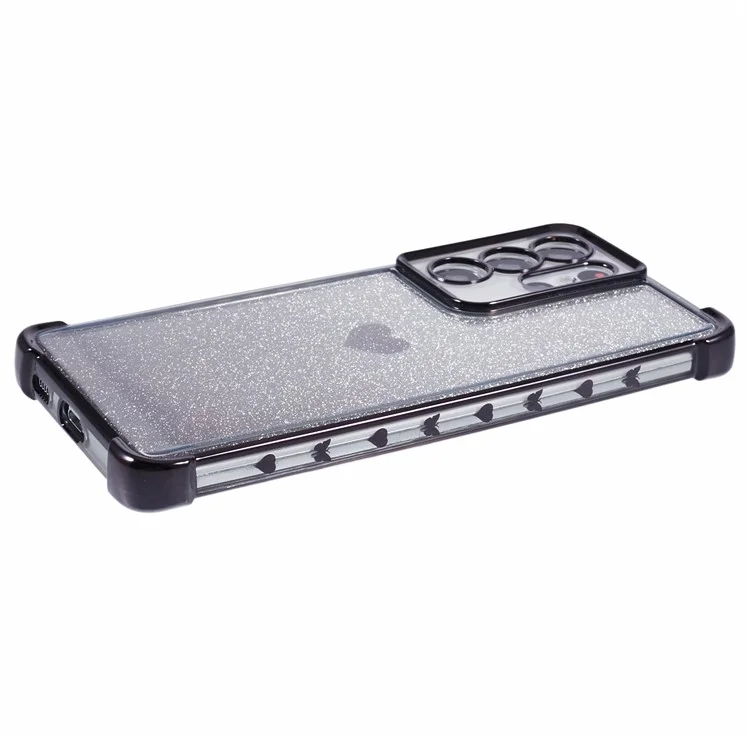 For Samsung Galaxy S21 Ultra 5G Case Heart Pattern Glitter Shockproof TPU Phone Cover - Black