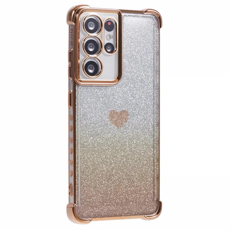 For Samsung Galaxy S21 Ultra 5G Case Heart Pattern Glitter Shockproof TPU Phone Cover - Gold