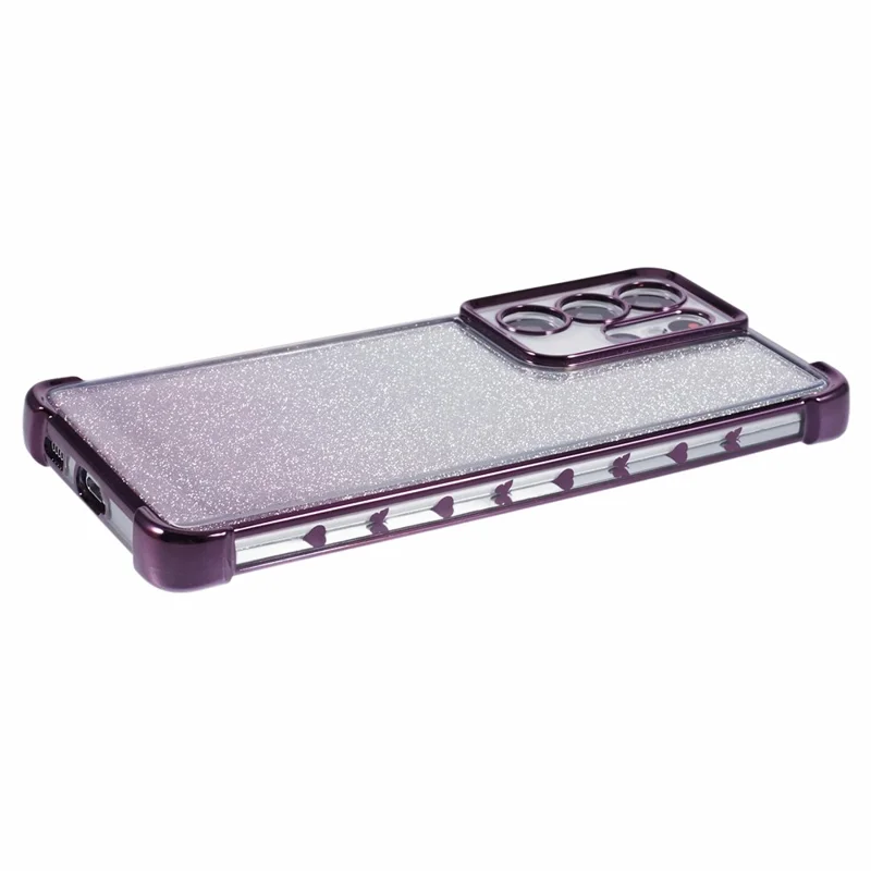 For Samsung Galaxy S21 Ultra 5G Case Glitter TPU Phone Cover Electroplating Heart Pattern - Dark Purple