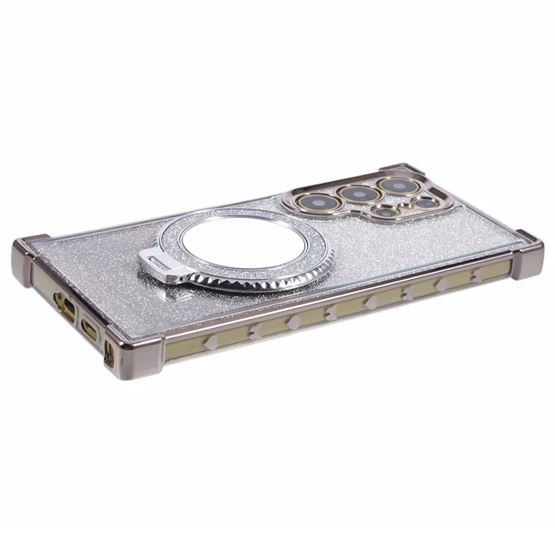 For Samsung Galaxy S24 Ultra Case Glitter TPU Phone Cover with Kickstand Mirror - Grey